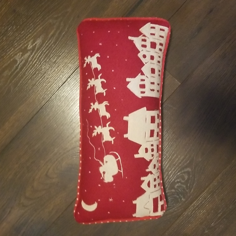 Santa sleigh, reindeer applique felted pillow. Christmas, holidays. Maroon cream